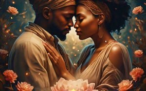 A couple surrounded by vibrant flowers in a painting, symbolizing love and connection, by