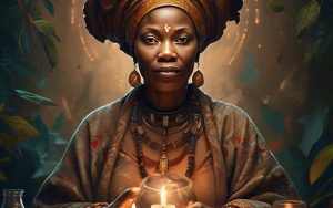 Dressed in a traditional African outfit, a woman holds a candle, representing the essence